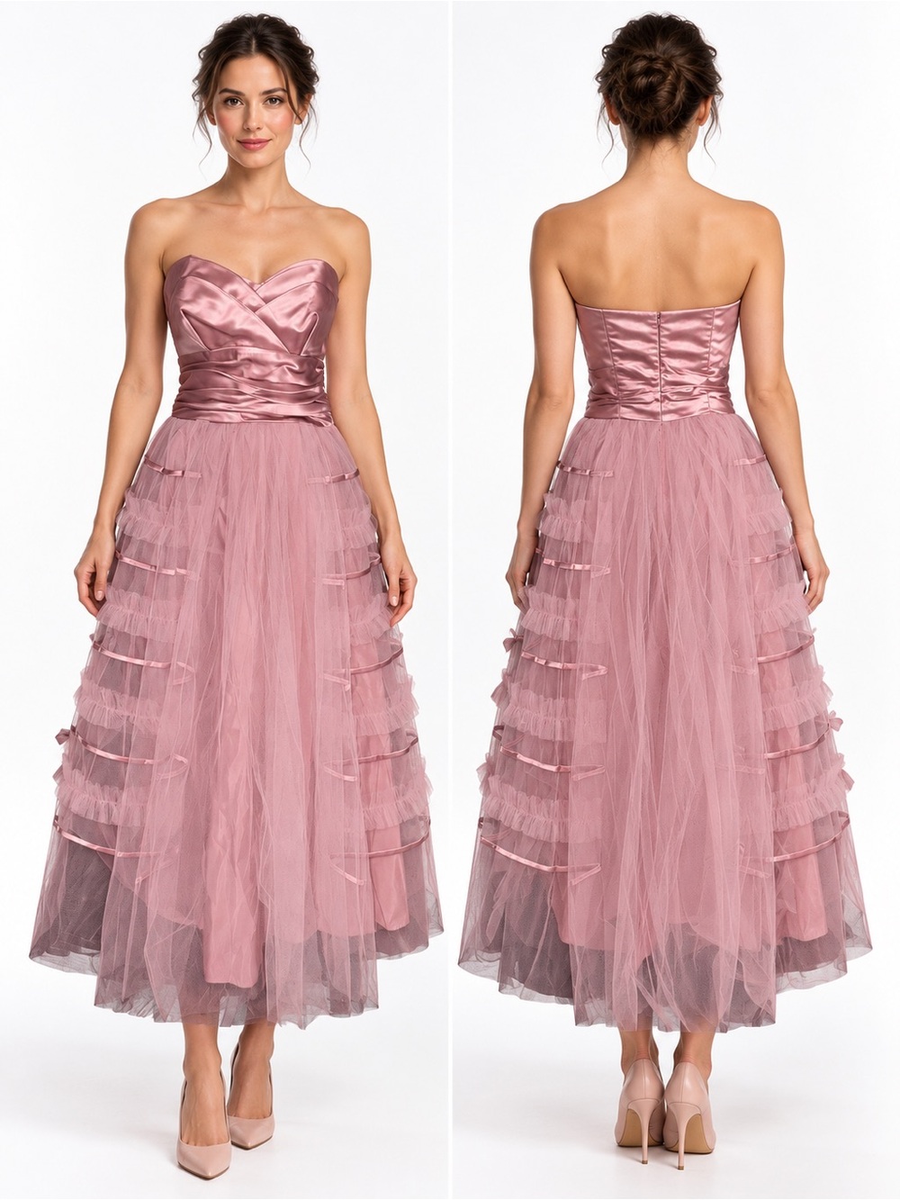Pink Strapless Tulle Midi Dress with Ribbon Accents
